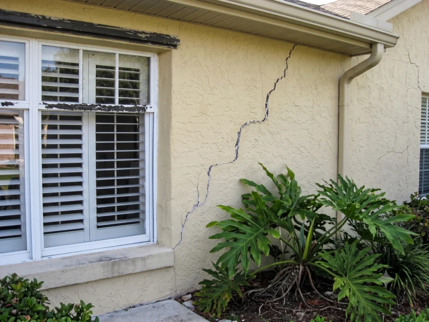 Crack in the side of a foundation caused by a sinkhole