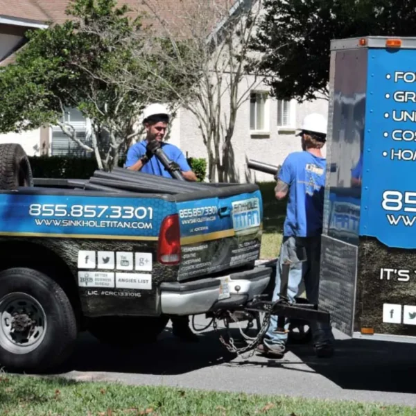 Sinkhole Titan workers around company truck